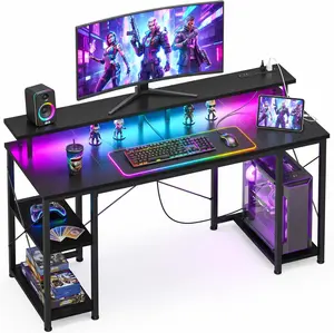Gaming Desk With Full Monitor Stand And Built In LED Lights, USB Charging Port And Reversible PC Shelf With Headphone Hook, X Bar Reinforced Metal Frame For Stability, Multi Size Writing Desk For Small Spaces And Game Room
