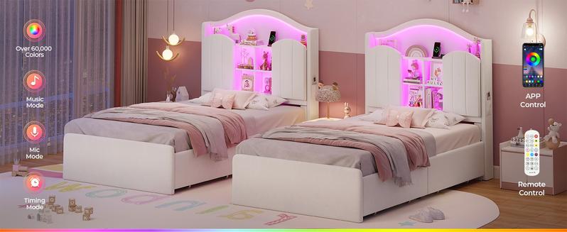 Sikaic Girls Twin Size Bed Frame with 4 Drawers & Hidden Storage Headboard LED Lights Charging Station Velvet Upholstered Strong Metal Slats No Box Spring Needed Noise Free Beige