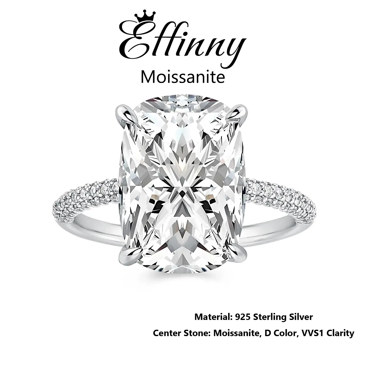 Effinny Synthetic Moissanite 4.0 Carat Elongated Excellent Cushion Cut Engagement Ring, D Color VVS1 Promise 925 Sterling Silver Jewelry for Women, Wedding, Bridal Rings, Female