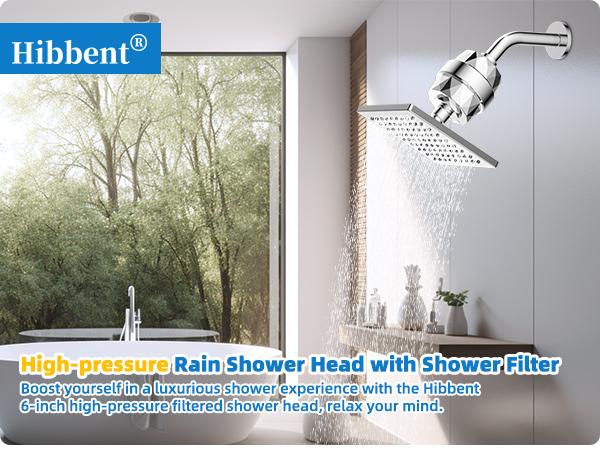 Hibbent Metal Filtered Shower Head, 6'' High Pressure RainShower Head, 20 Stage Shower Filter for Hard Water Softener, Bathroom Rainfall Shower Head to Remove Chlorine and Heavy Metals, Chrome