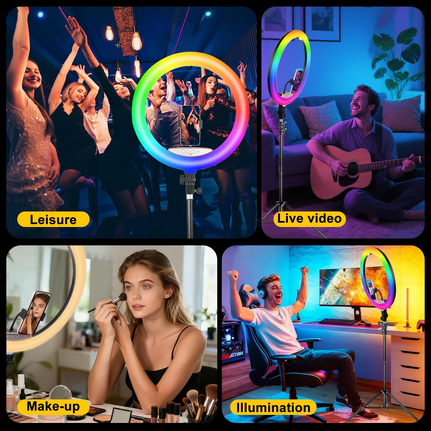 18 Inch RGB LED Ring Light with 70" Aluminum Alloy Tripod, with 1 selfie remote/3 Phone Clips/1 USB Ports, 3200-6500K Dimmable Fill Light Compatible with iPhone for Volg, Selfie Makeup, Lash Studio, Streaming Video, Recording Lighting#Spring Break