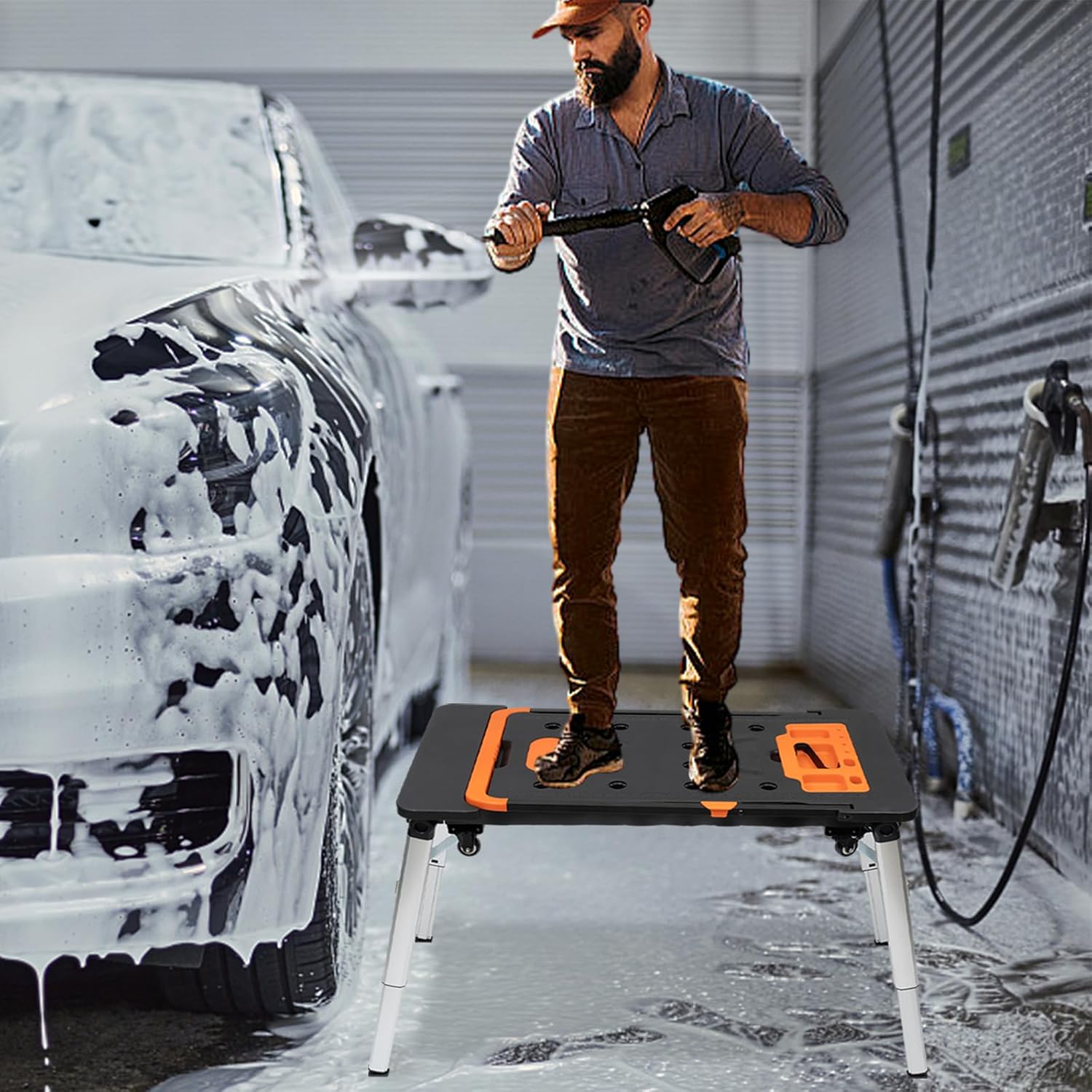 TECSPACE 7in1 Work Bench Multifunctional Portable Foldable Workbench Painted Work Table as Workbench, Scaffold,Platform,Sawhorse,Car Creeper and Hand Truck with 4 Wheels