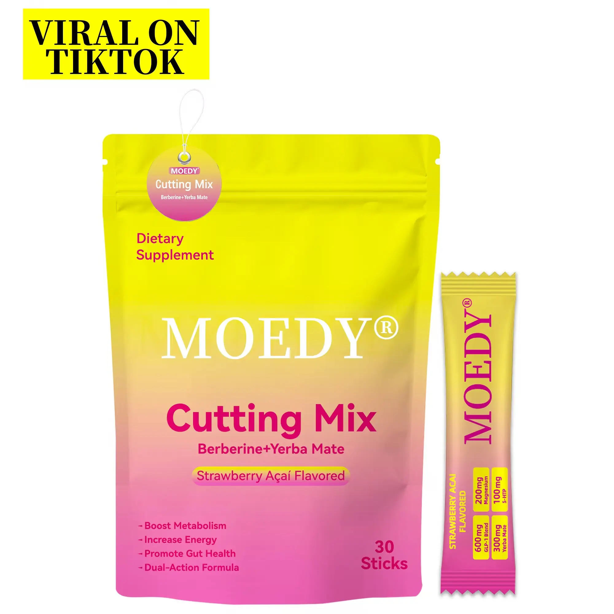 MOEDY Strawberry Acai Vitamin Cutting Supplement Powder Drink Sticks - Berberine, Yerba Mate for Gym Goals, Metabolism & Energy Support, 30-Count Dietary Fitness Supplement, Healthcare