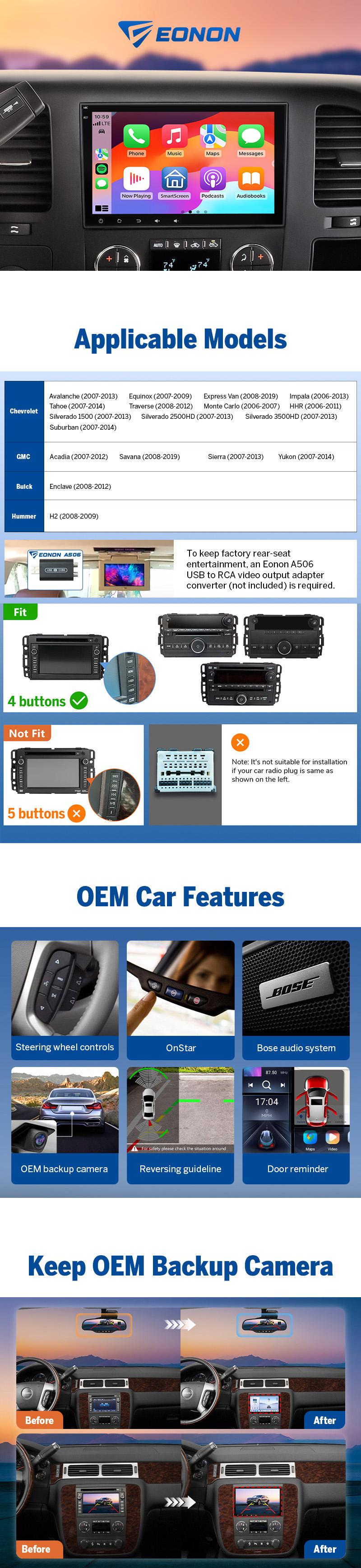 EONON Car Stereo for Chevy GMC Buick Chevrolet Silverado Sierra Suburban Impala Tahoe Avalanche Traverse HHR Acadia Yukon Truck, Wireless CarPlay & Android Auto Car Radio Touch Screen, 8" Android 14/13 Car head unit, SWC, BT, GMX7A / GMX6S