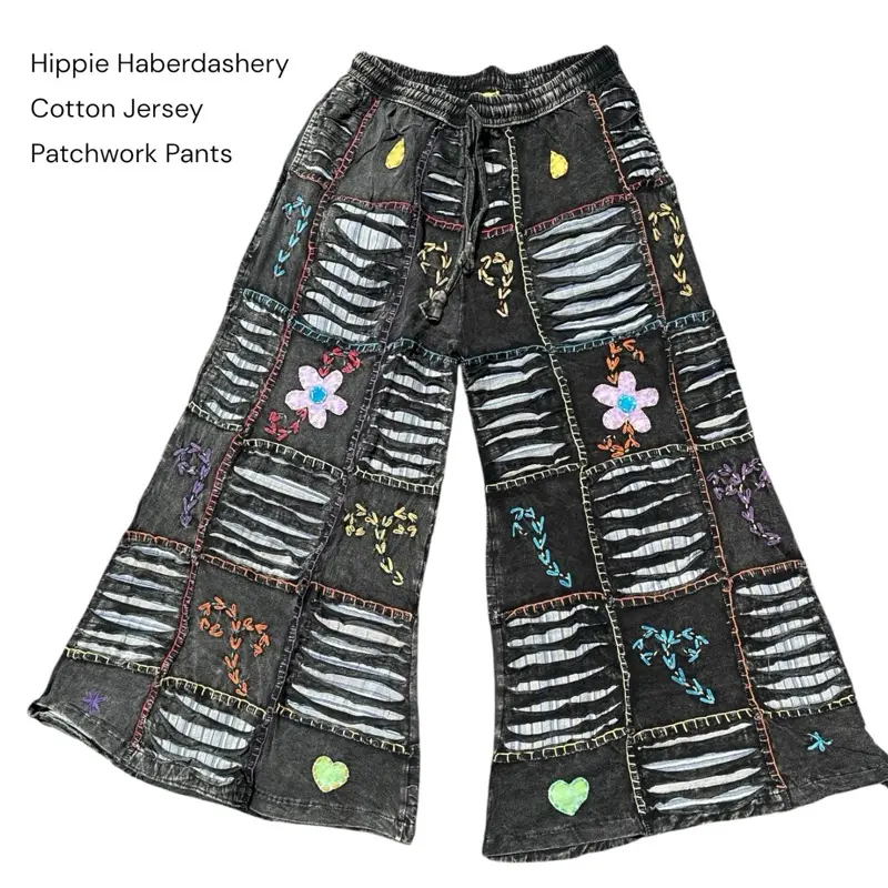 Embroidered Patchwork Cotton Jersey Wide Leg Hippie Pants
