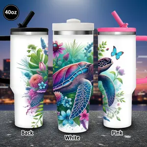 1Pc 40oz Watercolor Sea Turtle Floral Tumbler with Lid and straw, Winter Insulated Travel Mug, Gift for Women Men, Ideal for Valentine's Day, Birthday Gift, Coffee Cup for Office