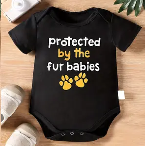 1pc Baby Crawling Suit - White Onesie with "Protected by the Fur Babies" Print - Soft Cotton Outfit for Newborns & Toddlers 0-3 Years - Perfect Pet Lover Gift - Machine Washable Infant Wear