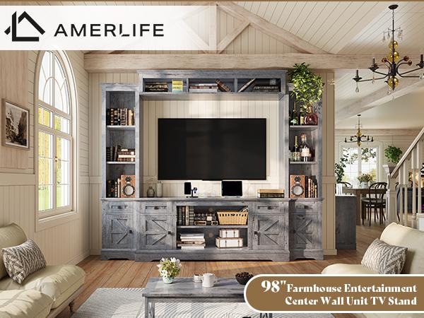 【Ships in 2 Boxes】AMERLIFE Farmhouse 98" Wall Unit TV Stand with Storage Cabinets for TVs up to 78", Large Entertainment Center with Bookshelves & Power Outlets, Wine Display Cabinet with Barn Door, Living Room