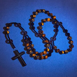 108 Mala Yooperlite Hematite Cross Bracelet UV Glowing Flame Stone Prayer Meditation Healing Crystal Spiritual Protection Necklace Bracelet