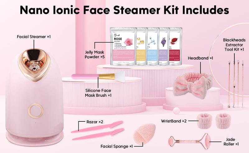 Pjordo Nano Ionic Facial Steamer 7-in-1 Home Spa Kit for Pore Opening and Deep Hydration Includes Deep Cleaning Tools and Silicone Brush