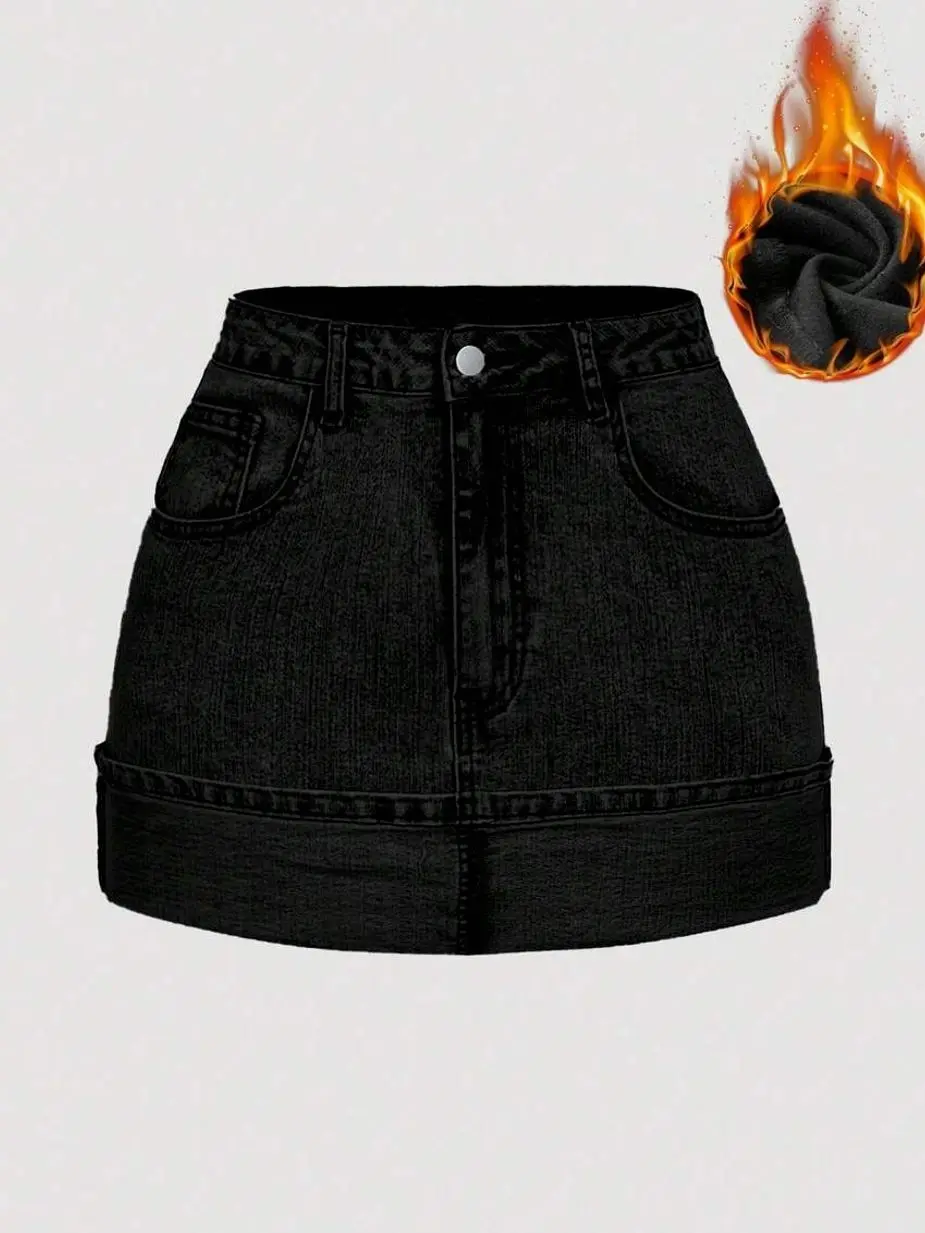 Women's Casual Denim Mini Skirt, Versatile High Waisted Jean Skirt with Pockets and Rolled Hem
