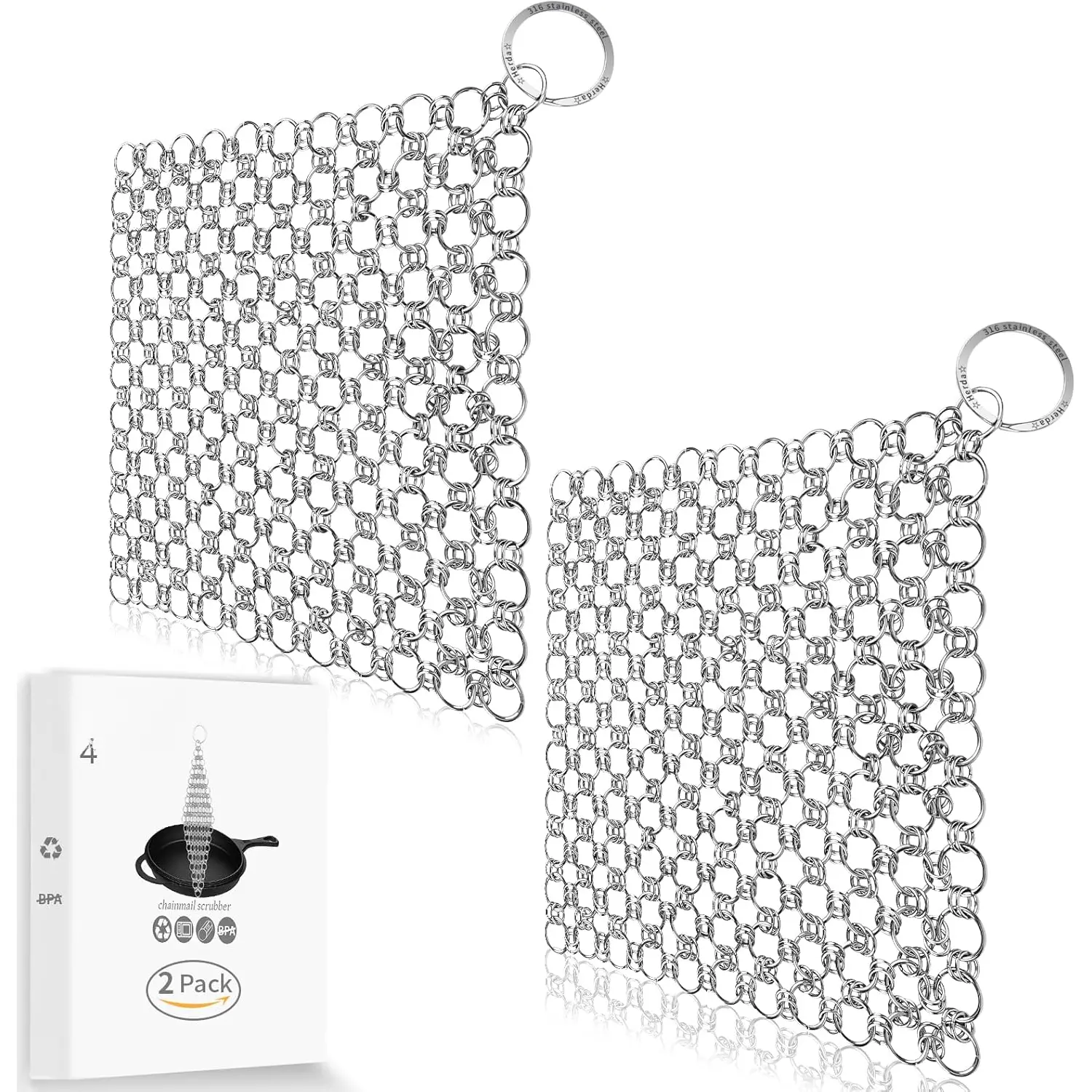 2Pack Cast Iron Scrubber Stainless Steel Chain Mail Scrubber, Cast Iron Cleaner Chainmail Scrubber for Dutch Oven Carbon Steel Wok Grill Pan, Chain Scrubber Cast Iron Cleaning Tool