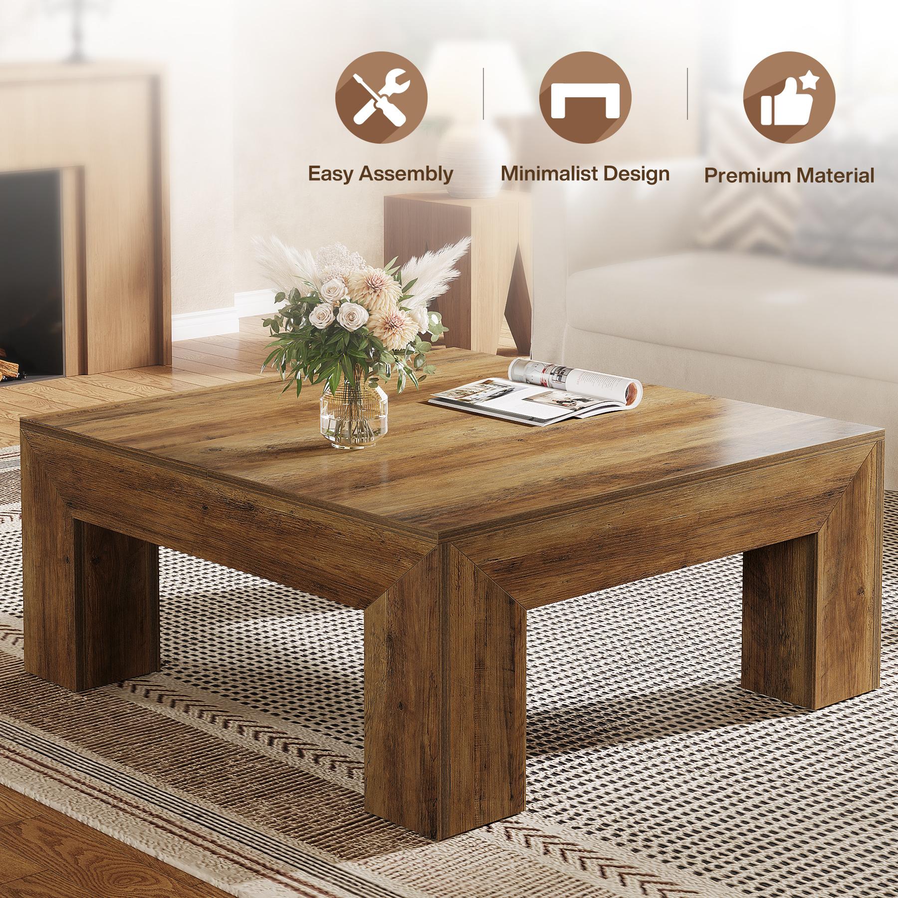 LITTLE TREE 39.4-Inch Square Coffee Table for Living Room, Farmhouse All MDF Accent Center Cocktail Table with Sturdy Wooden Legs, Easy Assembly