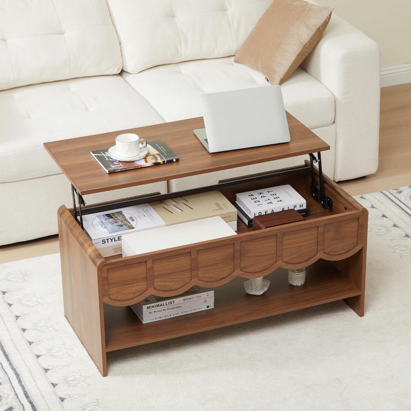 Giratree 39.37" Lift Top Coffee Table with Hidden Compartment, 2 Tier Wooden Center Table with Wave Panel, Modern Lift Tabletop for Home Living Room Office, Walnut