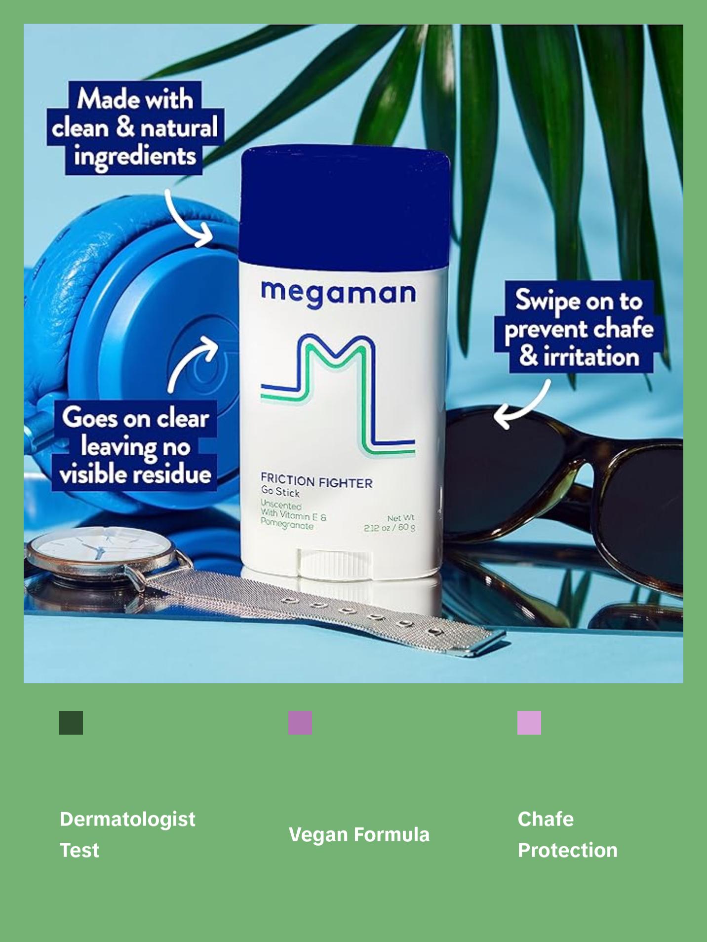 Megaman Friction Fighter Go Anti-Chafe Stick | Prevents skin chafe & irritation | Thighs, arms, & more | 2.12 oz