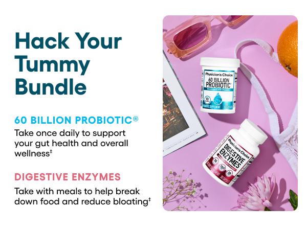 Physician's Choice Hack your Tummy Bundle: Bloating, Digestion & Immune Support for Men & Women with Digestive Enzymes & 60 Billion Probiotic
