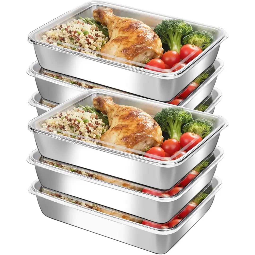 6-Piece Stainless Steel Food Storage Containers with Clear Plastic Lids, Stackable Reusable Food Storage Trays for Refrigerator, Meal Prep, Deli Meat, Cheese, Fruits, Salad and Snacks, Great for Kitchen,Picnic,Travel,BBQ, Freezer, Oven and Dishwasher Safe