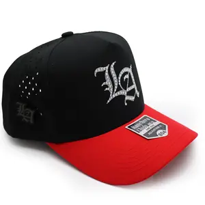Black & Red Hydro Performance Hat | L.A. Rhinestone Front | Acrylic Side Pin Snapback