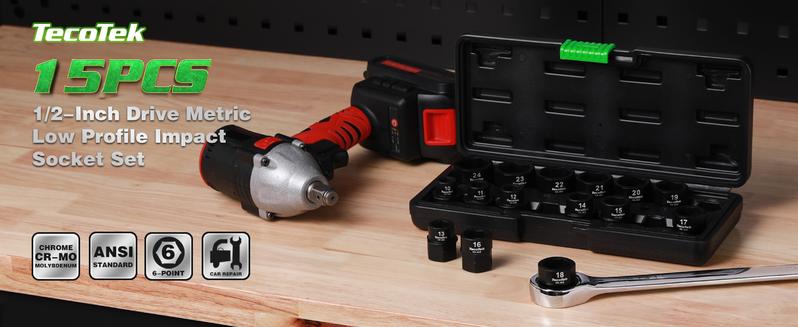 TecoTek 15-Piece 1/2-Inch Drive Metric Low Profile Impact Socket Set, Stubby Socket Set, 10mm-24mm, No Skips Sizes, 6 Point, Cr-Mo, Shorter Socket for Tight Areas