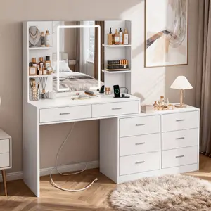 Modern Large Vanity Desk with LED Light Mirror & Power Outlet 8 Drawers 6 Storage Shelves 3 Color Modes Makeup Vanity 64.9 L Shape Corner Vanity White Finish Makeup Desk