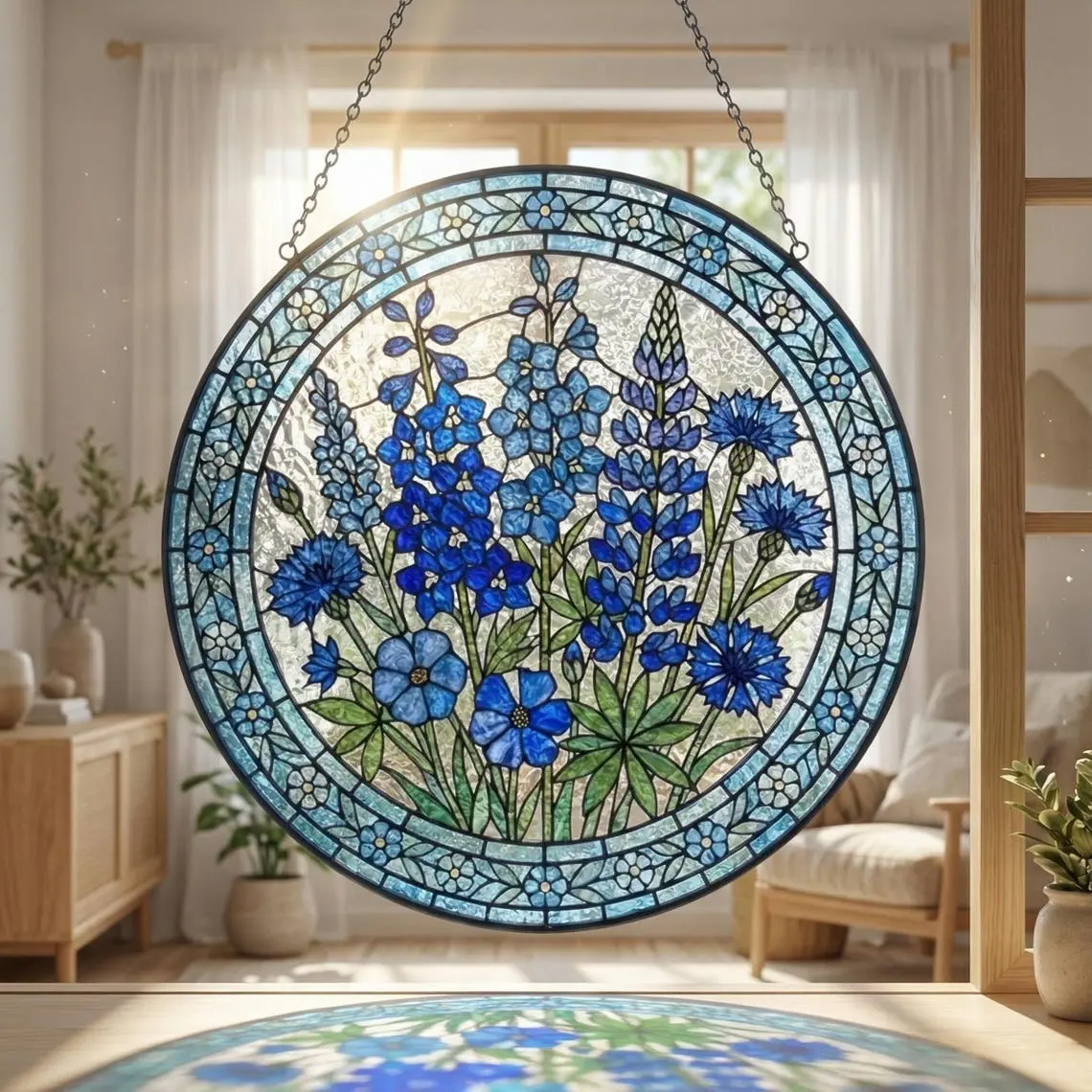 Blue Wildflower Stained Glass Suncatcher - Botanical Glass Window Hanging - Personalized Birthday Gift for Her, Mom and Grandma, Mother's Day