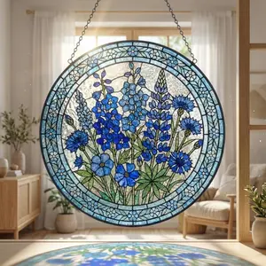 Blue Wildflower Stained Glass Suncatcher - Botanical Glass Window Hanging - Personalized Birthday Gift for Her, Mom and Grandma, Mother's Day