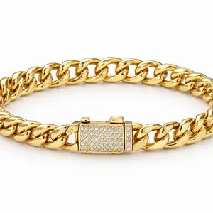 Gold Tone Stainless Steel Cuban Link Bracelet with Paved Clasp