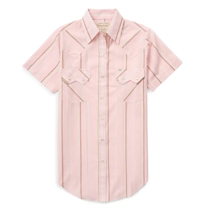 Women's Blush Pink Stripe Cotton Lightweight Quick-Dry Western Cowboy Style Roping Granddaddy Snap Blouse - Short-Sleeve, Loose Fit Top with Pocket, Flattering Y-Type Design