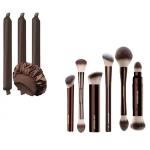 6pcs Hourglass Makeup Brushes Set + Overnight Hair Curlers Heatless Curls Foundation Makup Brushes Set for Liquid Powder Foundation 3pcs Curling Rods to Sleep in with Satin Hair Scarf