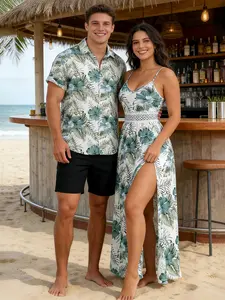 2026 Vacation Couple Outfit Hibiscus Floral Leaf Pattern Geometric Lace Panel Hollow Out Long Dress and Button Up Shirt Casual Matching Outfit beachwear