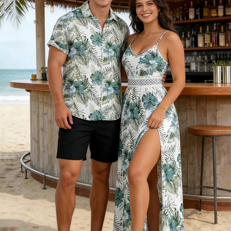 DRESSLILY Chic 2-Pcs Couple Matching Set (Women's Clothes + Shirt) - Women's Sleeveless Floral Hibiscus Leaf Print Lace-Waist High-Waist Maxi Dress, Men's Polyester Button-Up Shirt, Basic Fabric, Beach, Summer Resort Fit