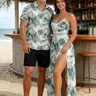 DRESSLILY Chic Matching BF and GF 2 Pcs Casual Couple Set (Dress+Shirt) - Women's Sleeveless Hibiscus Print Lace-Waist High Waist Maxi Dress, Men's Polyester Button-Up Shirt, Basic Fabric, Beach, Summer Resort Style