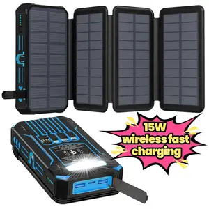 20000mAh Solar Power Bank Foldable with LED Camping Light 4 Built-in Cables Portable Charger for Outdoor Travel Fast Charging Type-C Input Output
