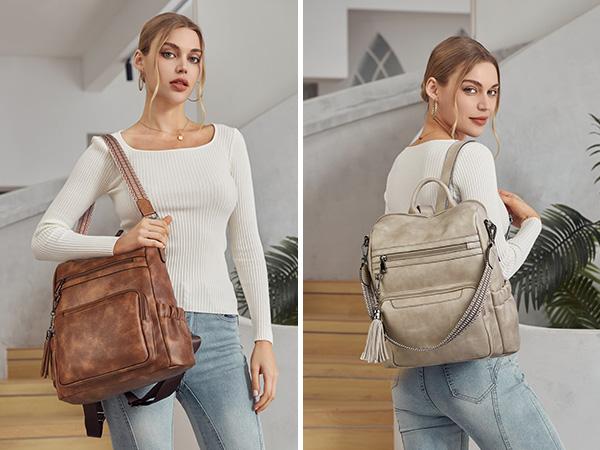 [Valentine's Day Gift] BOSTANTEN Backpack for Women Leather Womens Backpack Purse 2PCS Laptop Backpack Large Ladies Shoulder Bags with Wristlet