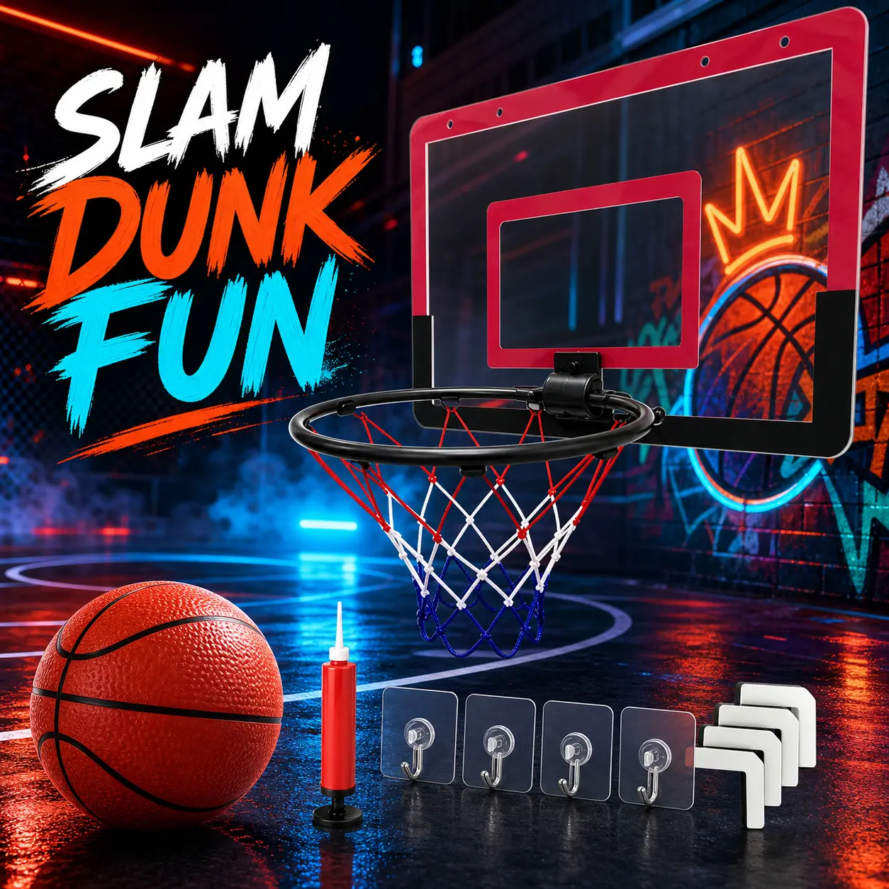 Unisex Indoor Wall-Mounted Mini Basketball Hoop Set - Kids Sports Toy, Foldable Backboard, Ball, Hand Pump, Net, Mounting Accessories, Space-Saving Home Office Gift