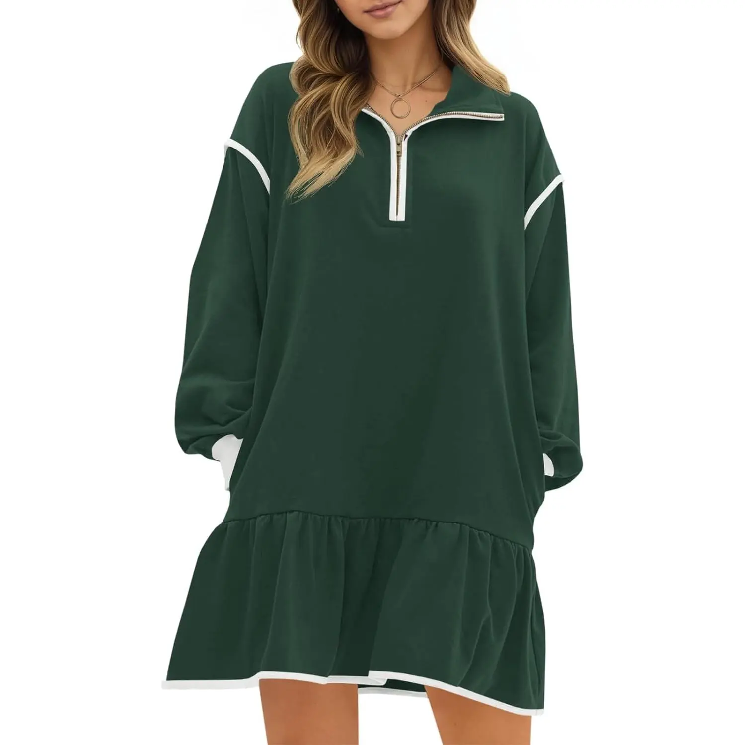 Imily Bela  Womens Fall Oversized Sweatshirt Dress Casual Long Sleeve Quarter Zip Ruffle Hem Pullover Mini Dresses