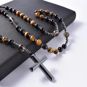 Rosary Necklace for Men, Natural Tiger's Eye and Hematite Round Beads with Cross Pendant, Long Chain Prayer Jewelry for Protection
