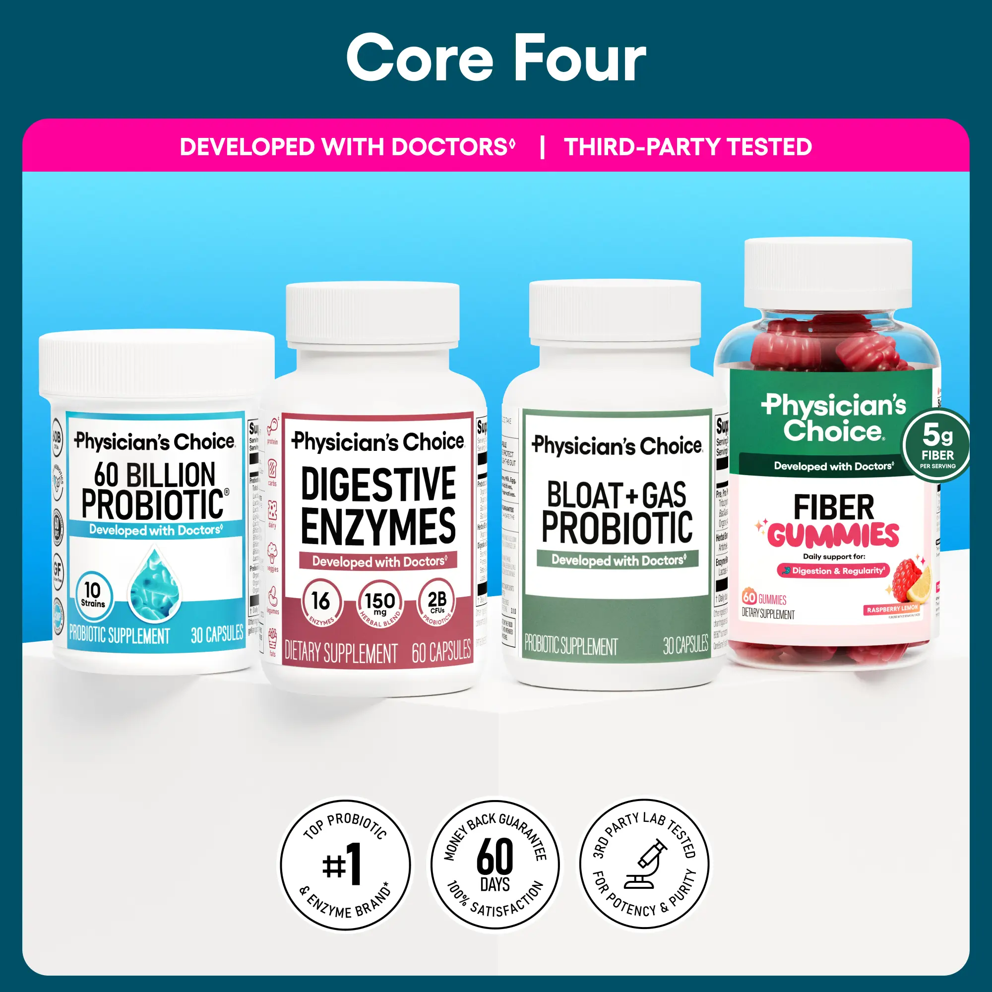 Physician's Choice Core 4 Bundle: Advanced Gut Health Support with Fiber Gummies + 60 Billion Probiotic + Digestive Enzymes + Bloat & Gas Probiotic