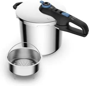 T-Fal Secure Trendy Stainless Steel Pressure Cooker, 8.5 Quart, Steam Basket, Induction, Secure Locking System, Easy and Safe Opening, Compatible with All Cooktops, Dishwasher Safe, Silver
