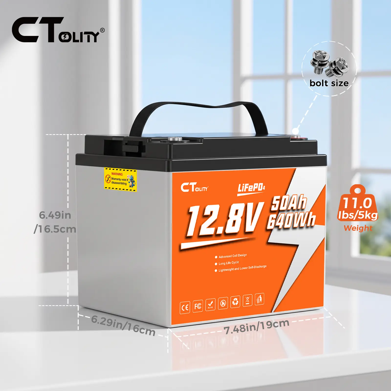 [SohoChic] CTOLITY CT050-12 12.8V 50Ah 640Wh LiFePO4 Deep Cycle Battery, 50A BMS, IP65 Waterproof Lithium Battery for RV, Solar System, Camping, Marine & Home Backup Power, TiktokShopStockup
