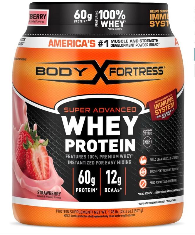 Body Fortress Super Advanced Whey Protein Powder, Strawberry, Immune Support (1), Vitamins C & D Plus Zinc, 1.78 lbs