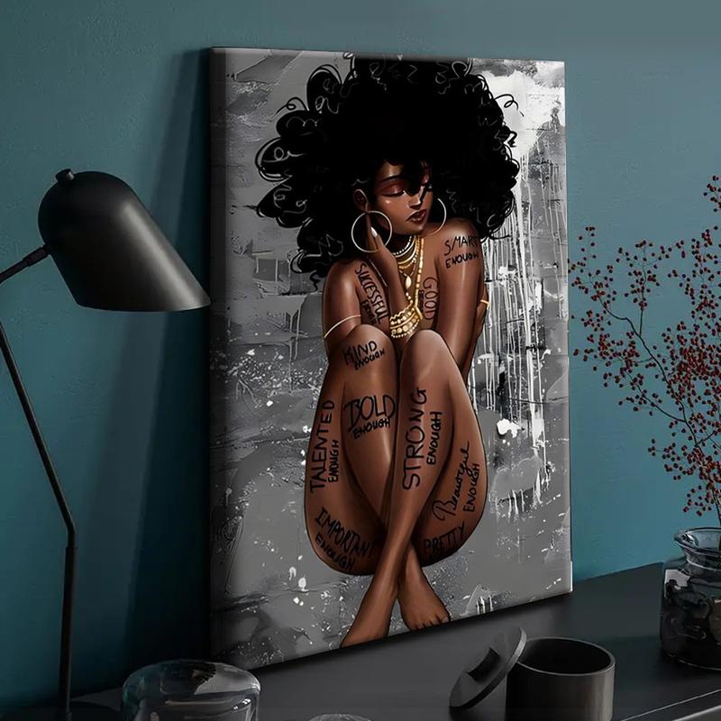 1 piece unique wood-framed canvas poster, Black Queen Poster African American Wall Art Black Girl Canvas Painting Black Woman Wall living Room decorative painting