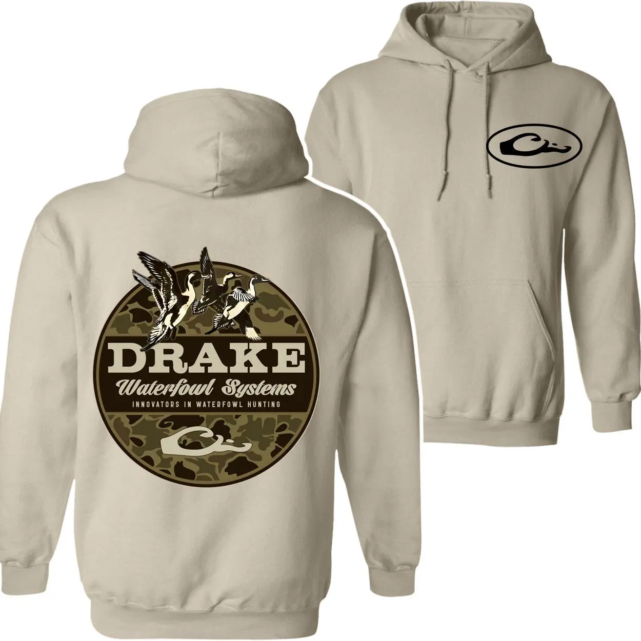 Men's Drake Waterfowl Systems Ribbed 100% Cotton Long Sleeve Hooded Neck Duck Camo Pullover Hoodie - Duck Hunting Graphic Logo, Camo Circle Back Print, Casual Fitted Hoodie, Foldable, All Holidays Outdoor Apparel for Hunters