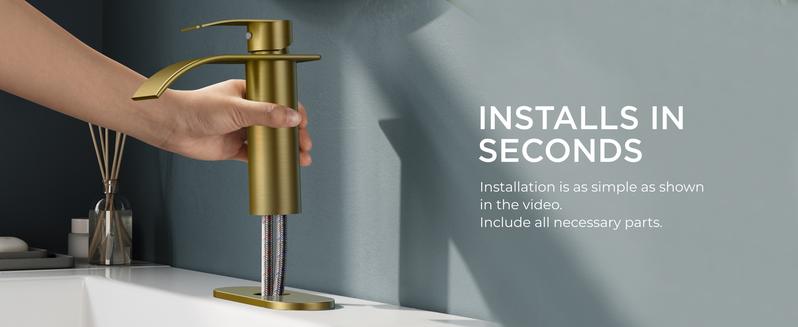 FORIOUS Waterfall Bathroom Faucet Single Handle with Deck Plate, Metal Pop up Drain, cUPC Hoses for Vanity Basin RV Lavatory Sink, Drip-Free Stability, Rust-Resistant, 3/8" Hoses Included - Decorative