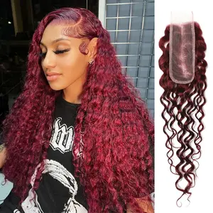 ALHER Long Deep Part 2X6 HD Lace Closure Brazilian Human Hair #99J Dark Red Burgundy Water Wave 12A Cherry Red Wine Red Color 4x4 Lace Closure 100% Unprocessed Remy Hair Wet n Wavy Free Part & Bleached Knots