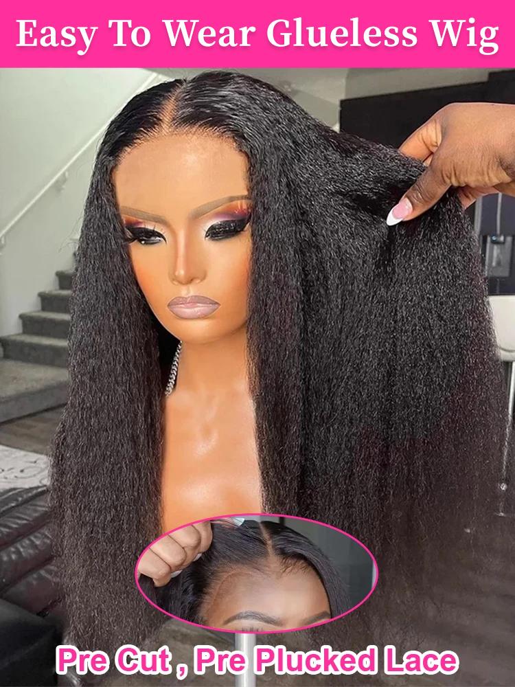 MYLOCKME Women's 360 Glueless Full Lace Wig, 180 Density Brazilian Hair, 32-34 Inch Kinky Yaki Straight, 13x6 HD Lace Frontal, Preplucked Human Hair Wig