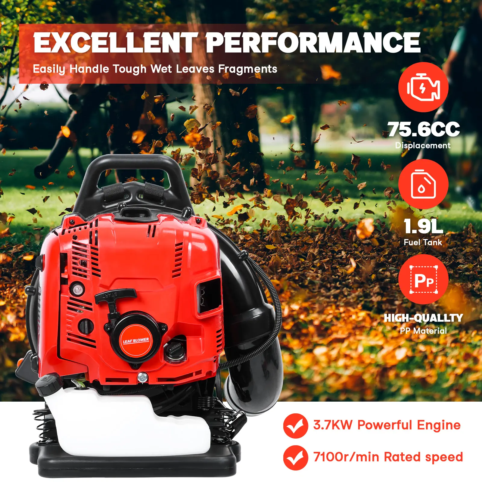 75.6CC 4-Stroke Backpack Gas Leaf Blower, 900 CFM 210 MPH, Variable Speed with Cruise Control, Ergonomic Lightweight Garden Power Tool - Portable Snow Clearing Tool
