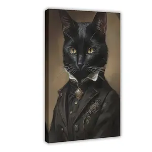 One Frameless Canvas Poster, Vintage Art, Gentleman Cat Wall Art Poster, Halloween Wall Decoration, Gothic Dark Academic Painting, Ideal Gift for Bedroom Living Room Kitchen Hallway, Wall Art, Wall De