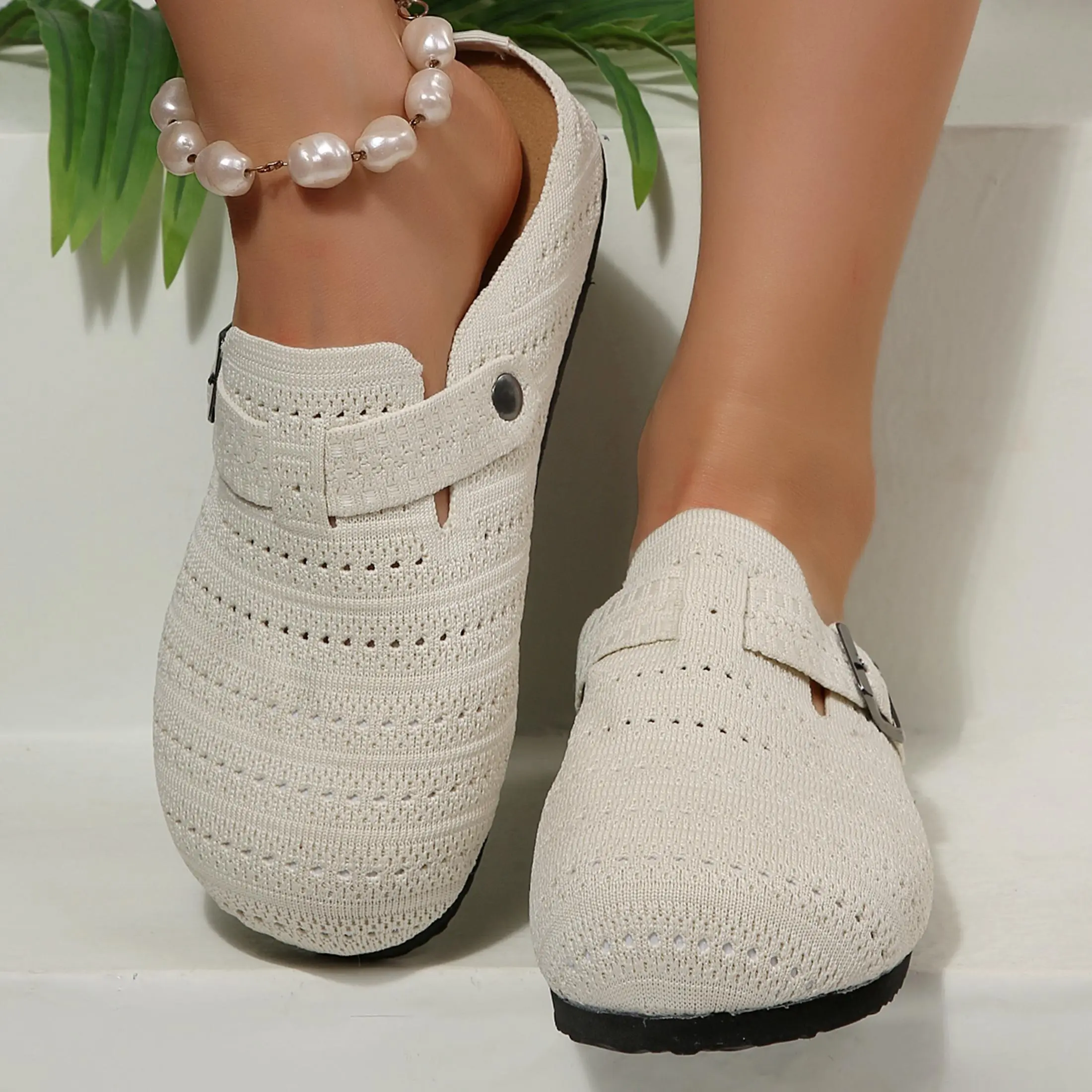 Women's Sandals Breathable Clogs Knit Backless Mules Lightweight Slip-On Indoor Outdoor Shoes for Vacation Springfresh