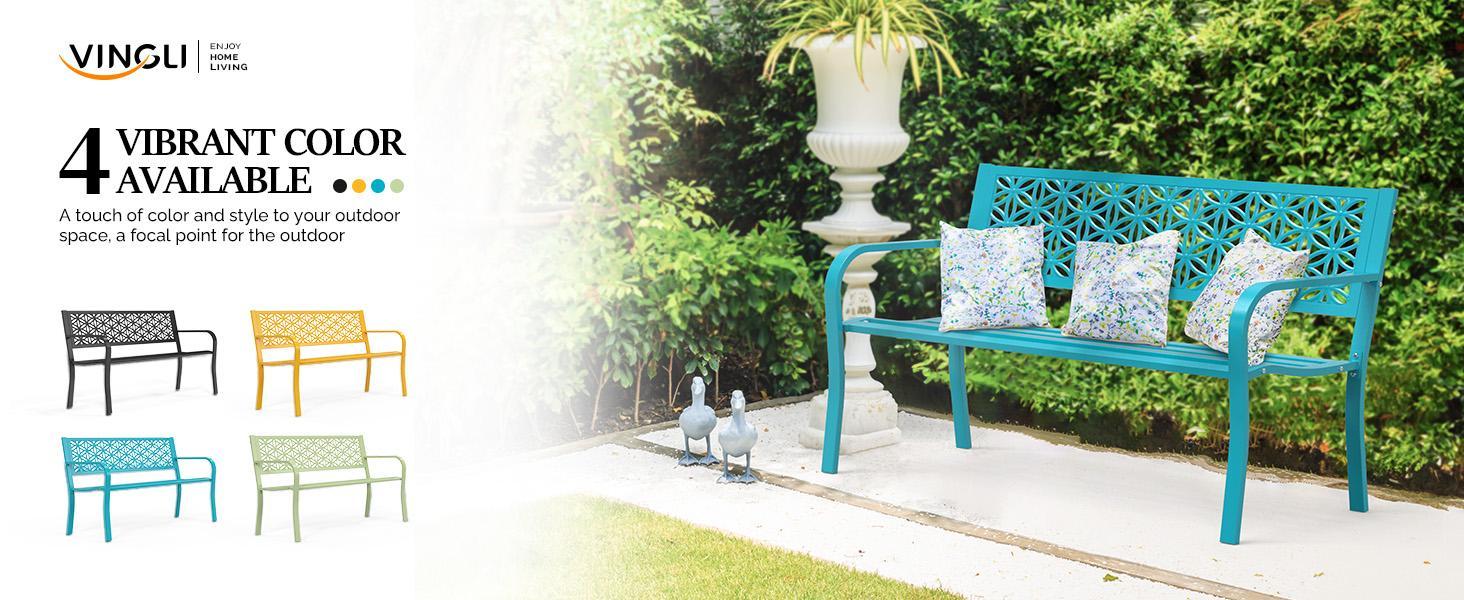 VINGLI 50" Outdoor Bench Metal with Floral Back, Garden Bench Front Porch Bench for Yard Patio Entryway Park, 800lb Capacity